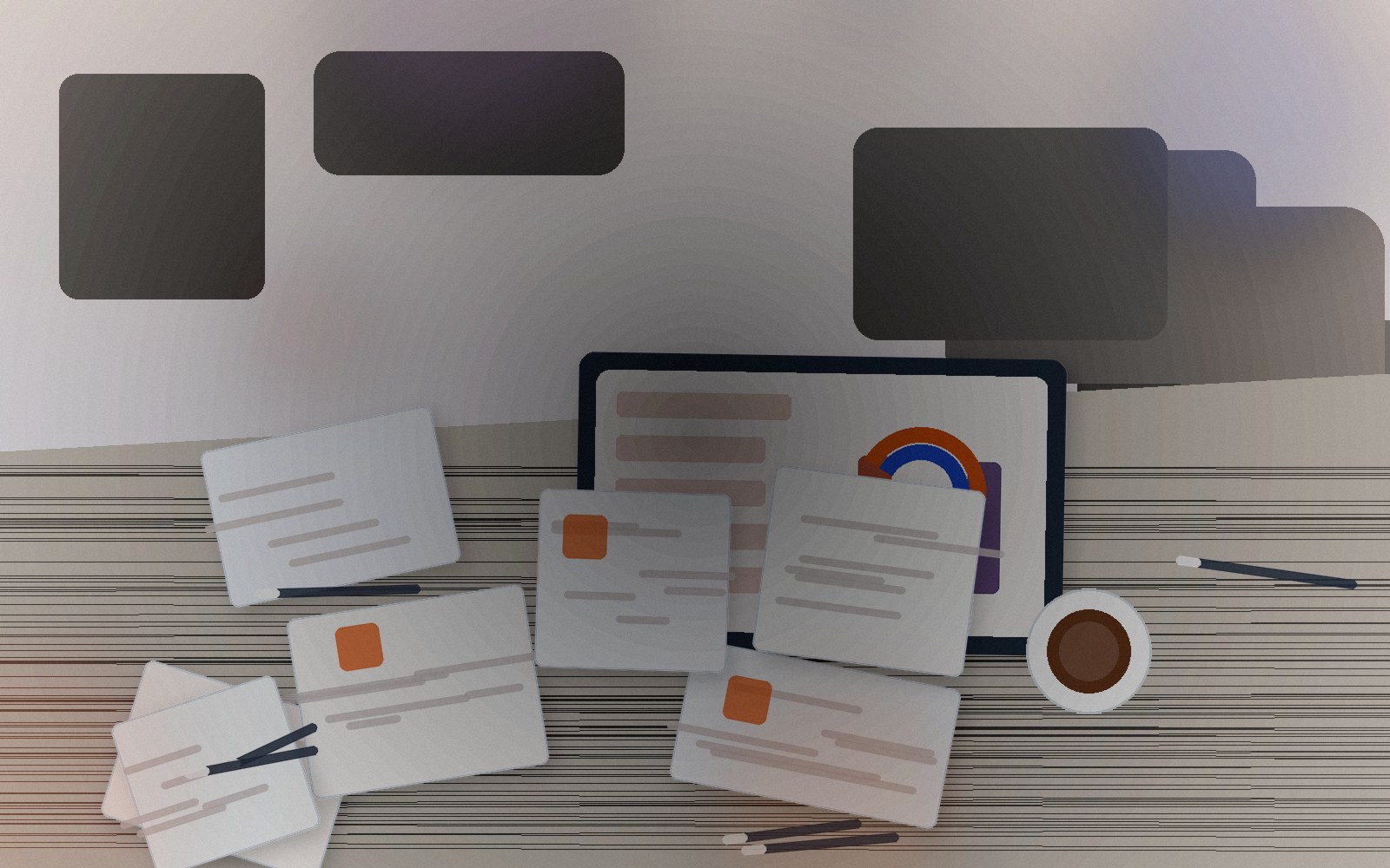 Vue de bureau avec documents, ordinateur et processus administratif